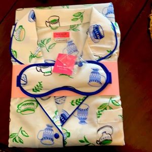 kate spade White Pajama Set with Blue and Green Teapot Print